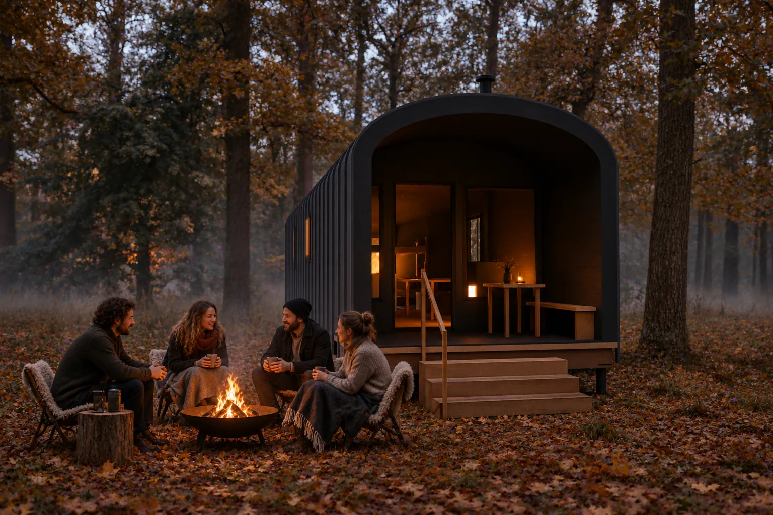 Ring in de herfst, met gasten buiten bij de hut (conceptbeeld)