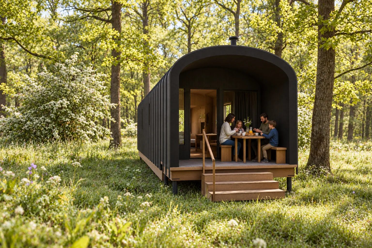 Ring in de lente, met gasten buiten bij de hut (conceptbeeld)