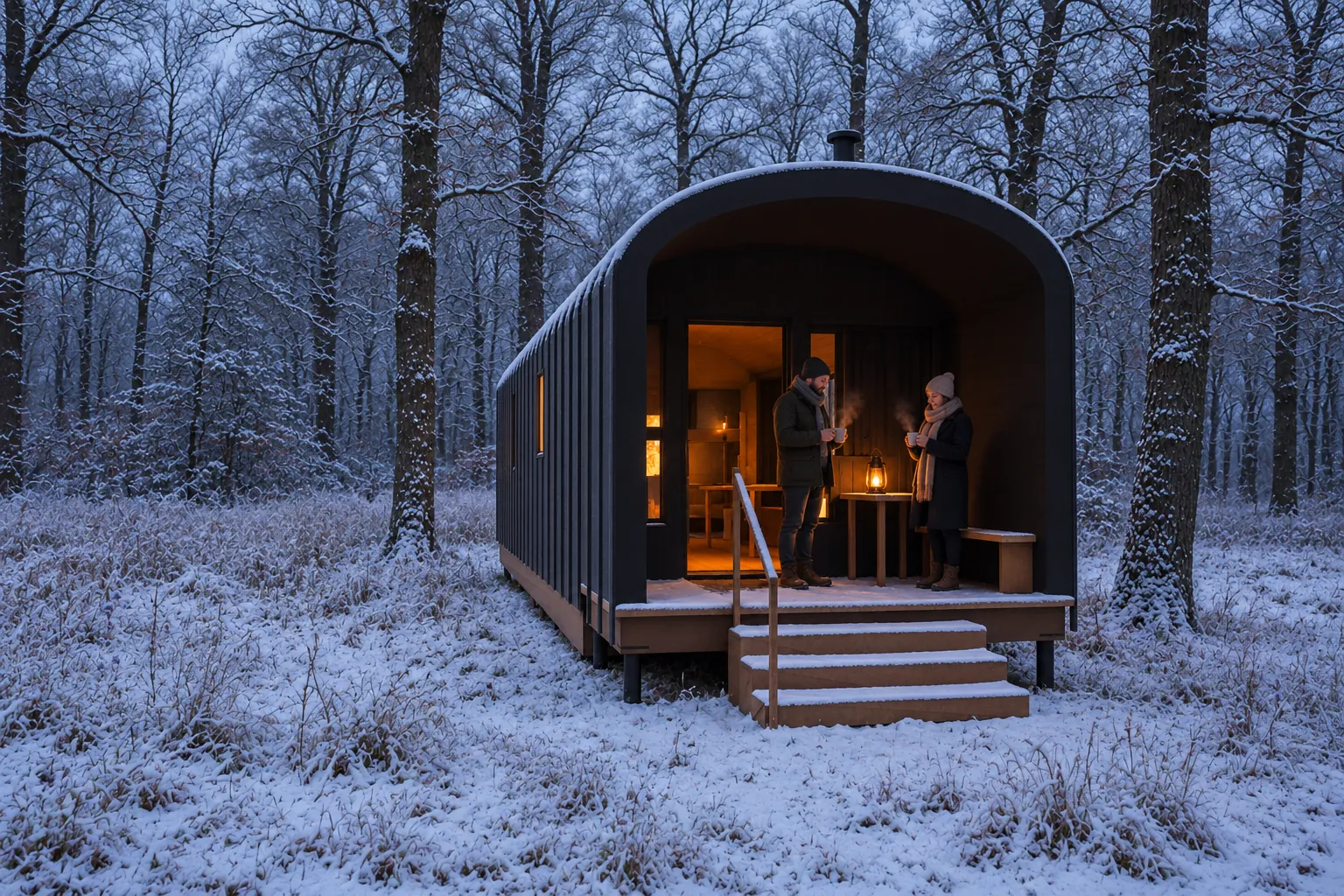 Ring in de winter, met gasten buiten bij de hut (conceptbeeld)