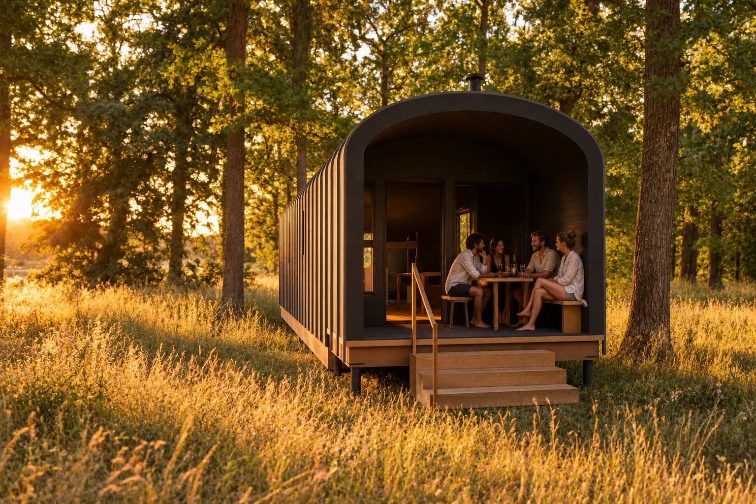 Ring in de zomer, met gasten buiten bij de hut (conceptbeeld)