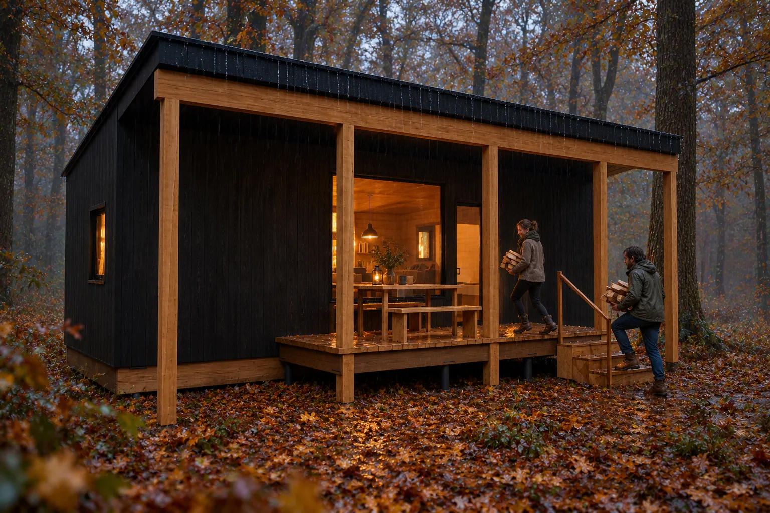 Wand in de herfst, met gasten buiten bij de hut (conceptbeeld)
