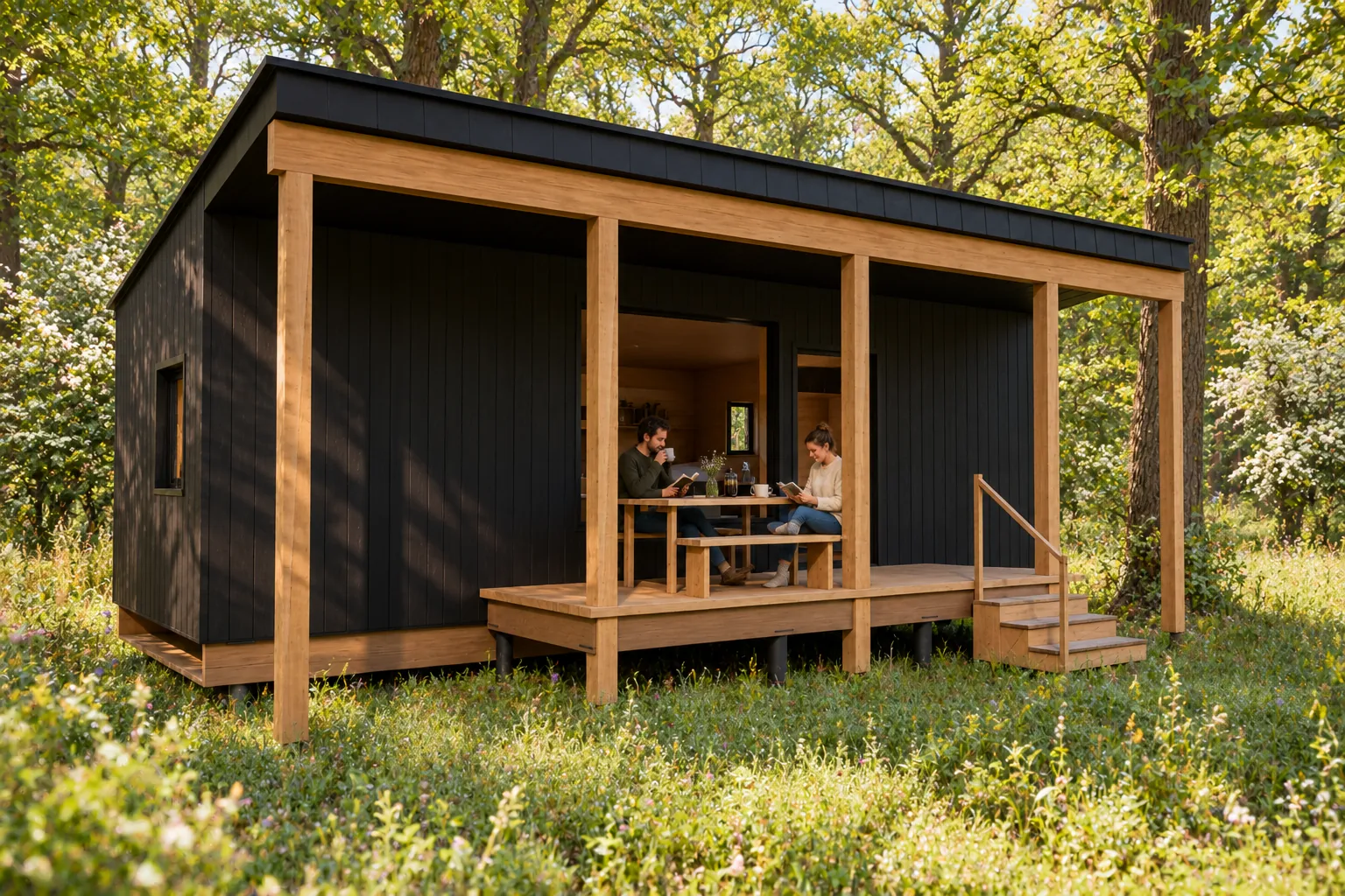 Wand in de lente, met gasten buiten bij de hut (conceptbeeld)