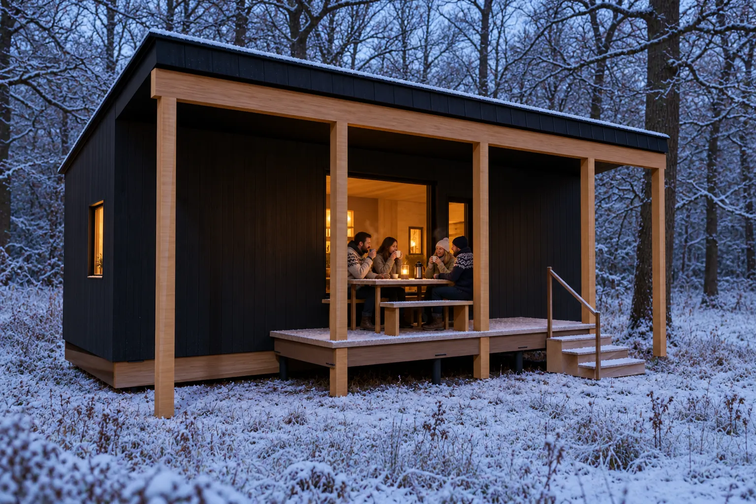 Wand in de winter, met gasten buiten bij de hut (conceptbeeld)