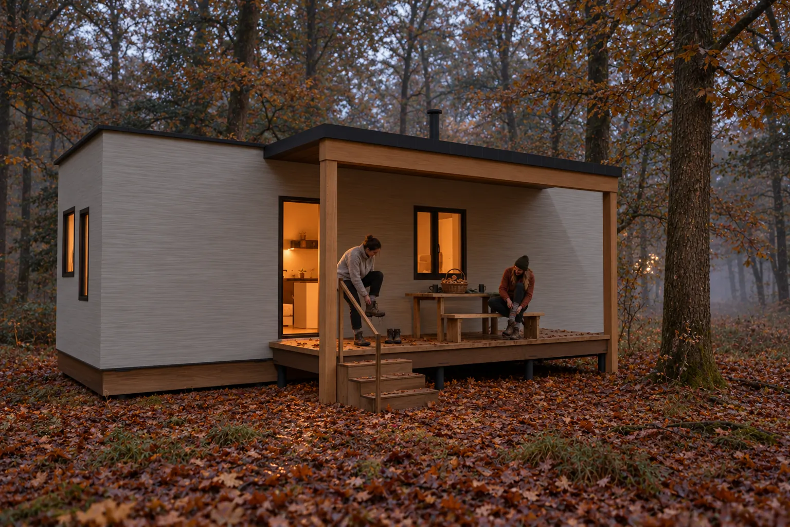 Bedstee in de herfst, met gasten buiten bij de hut (conceptbeeld)