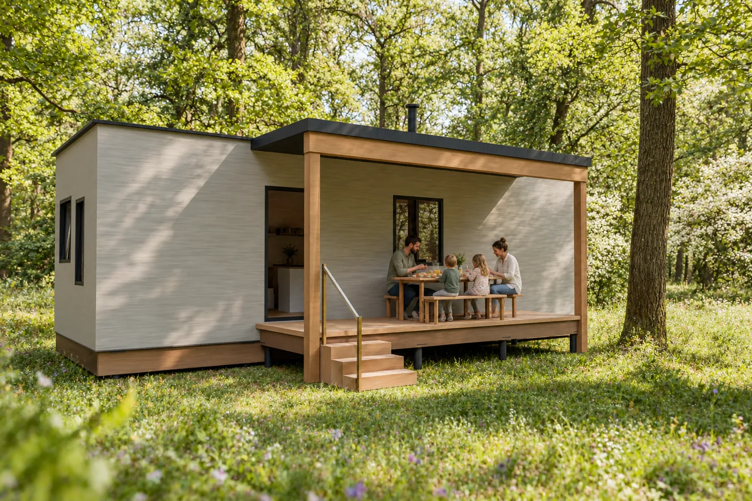 Bedstee in de lente, met gasten buiten bij de hut (conceptbeeld)