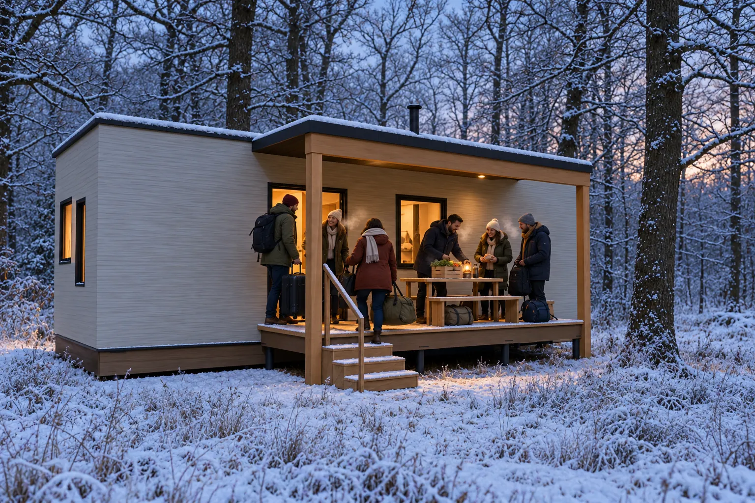Bedstee in de winter, met gasten buiten bij de hut (conceptbeeld)