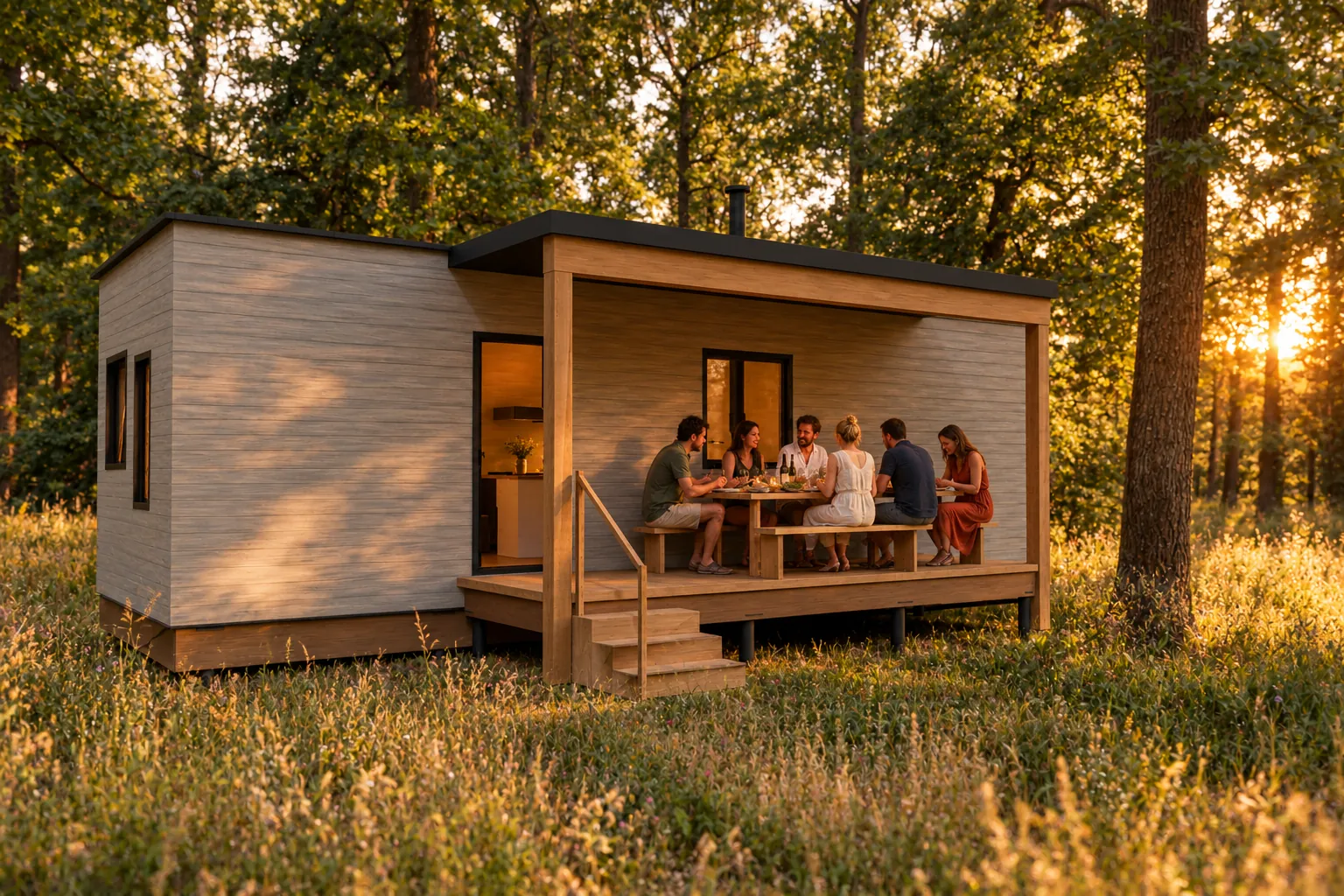 Bedstee in de zomer, met gasten buiten bij de hut (conceptbeeld)