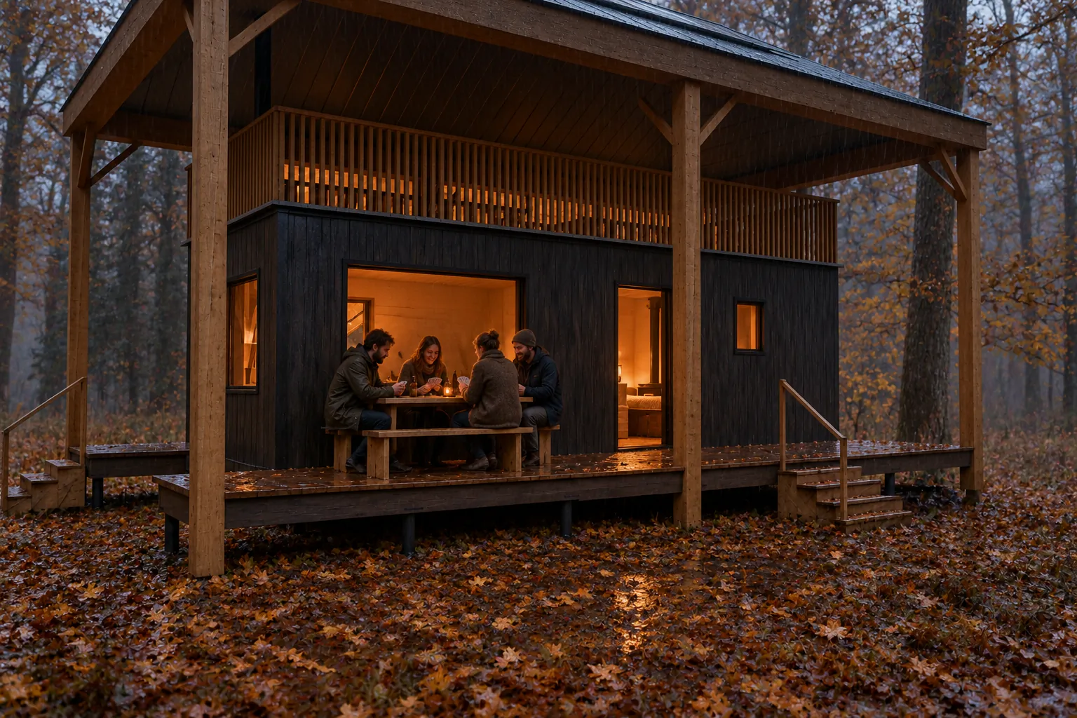 Hooiberg in de herfst, met gasten buiten bij de hut (conceptbeeld)