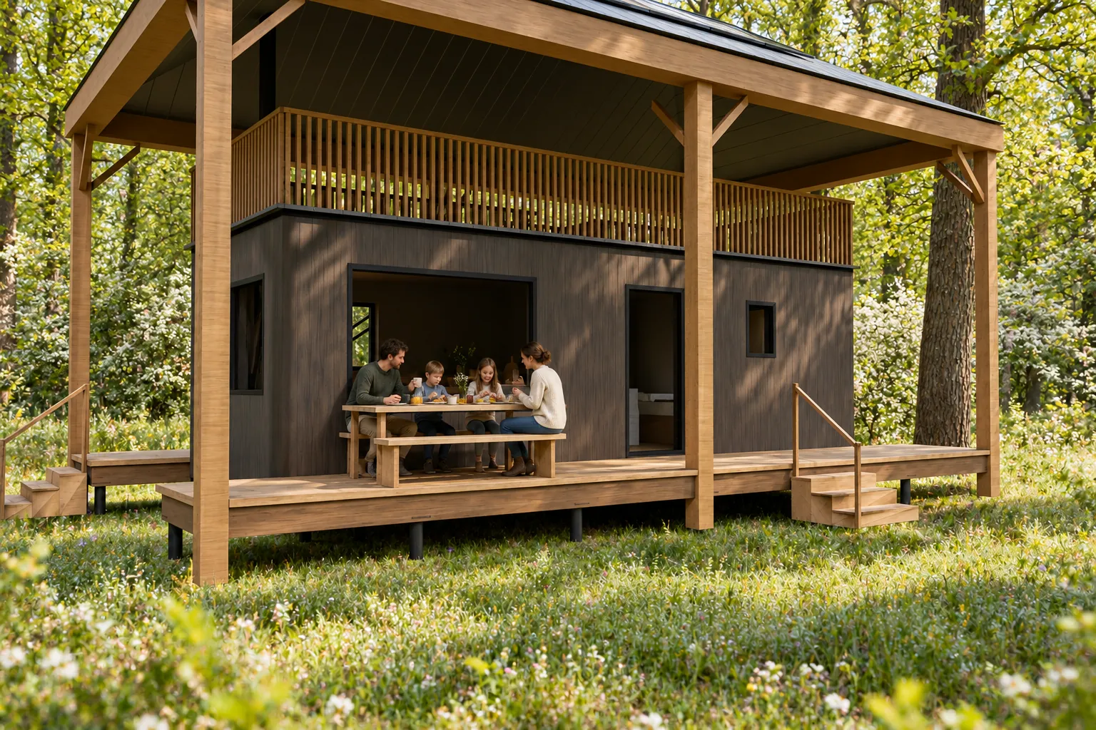 Hooiberg in de lente, met gasten buiten bij de hut (conceptbeeld)