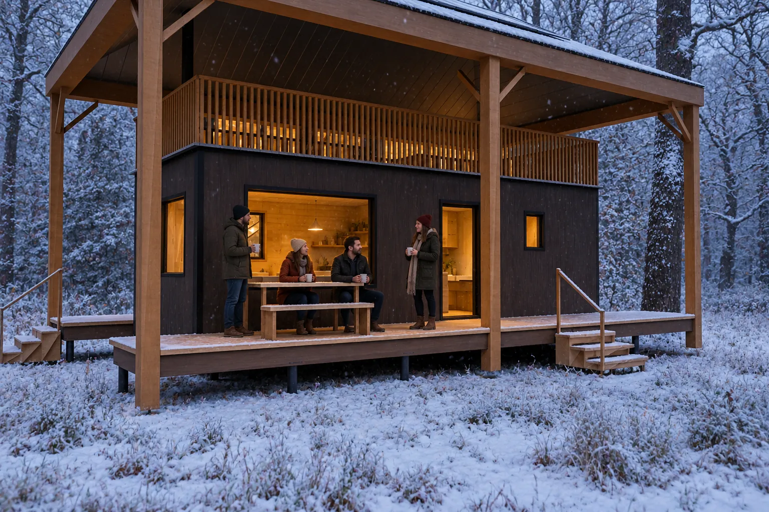 Hooiberg in de winter, met gasten buiten bij de hut (conceptbeeld)