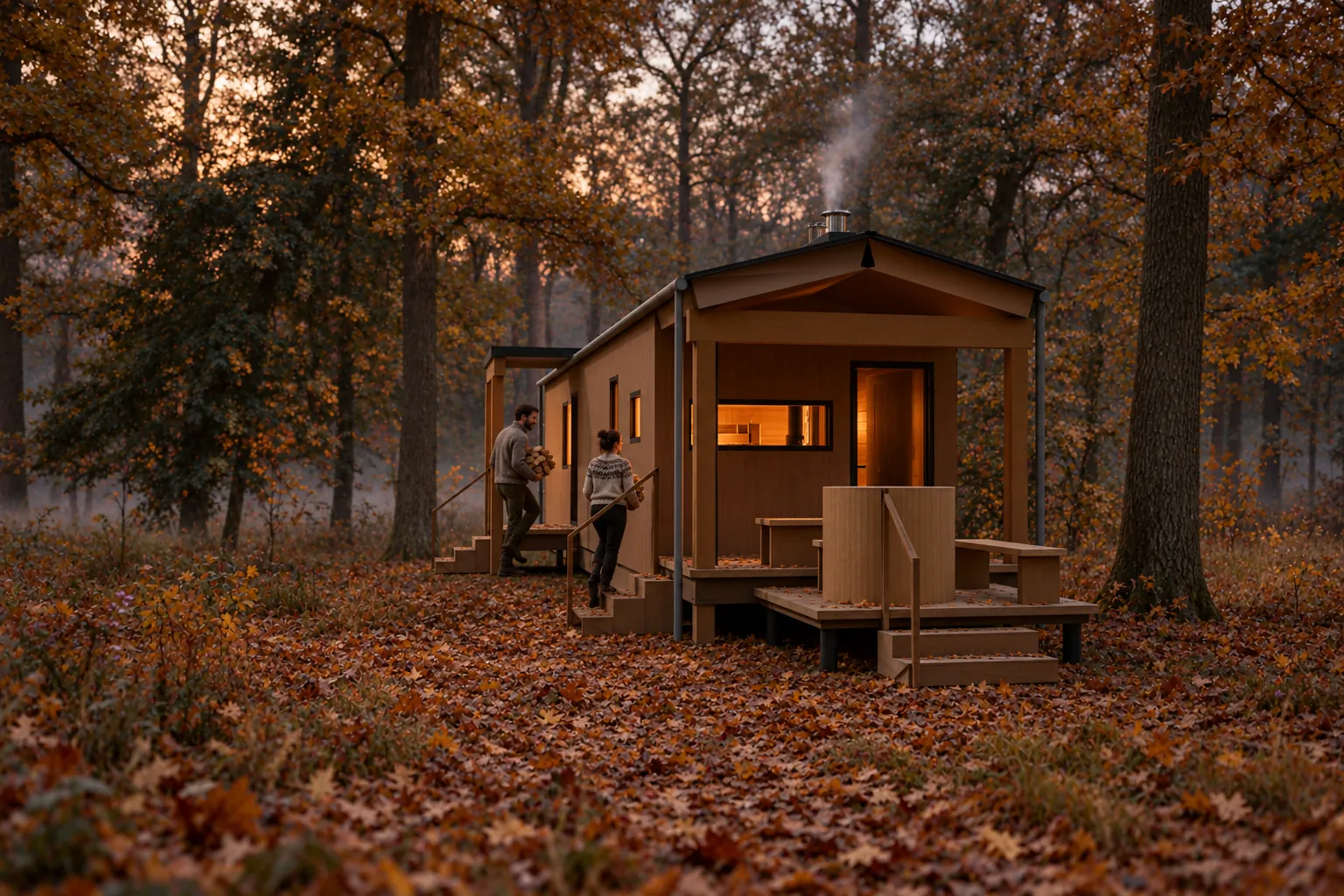 Stoom in de herfst, met gasten buiten bij de hut (conceptbeeld)