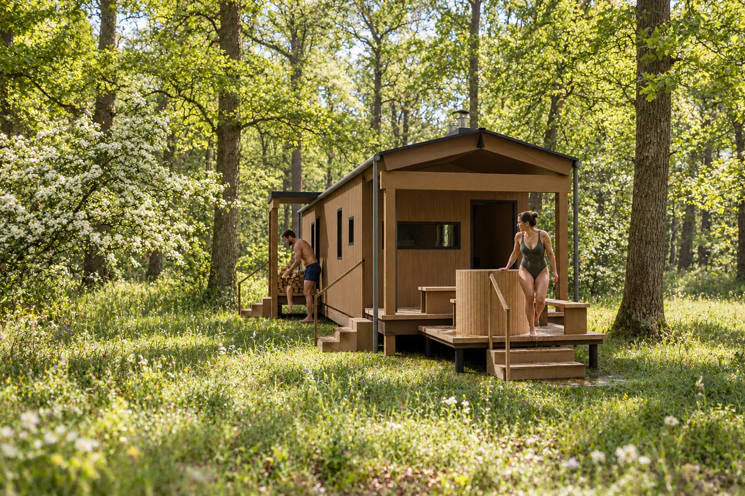 Stoom in de lente, met gasten buiten bij de hut (conceptbeeld)