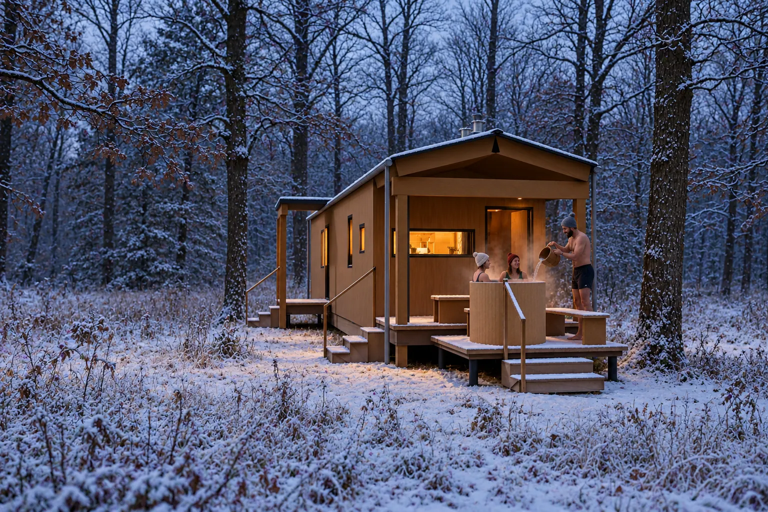 Stoom in de winter, met gasten buiten bij de hut (conceptbeeld)