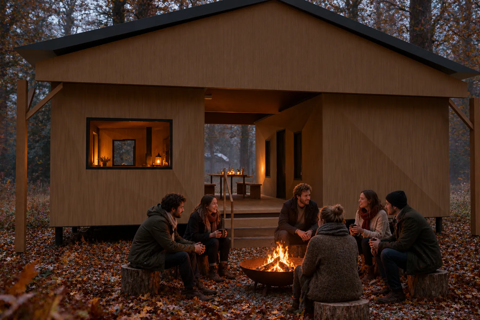 Tweeling in de herfst, met gasten buiten bij de hut (conceptbeeld)