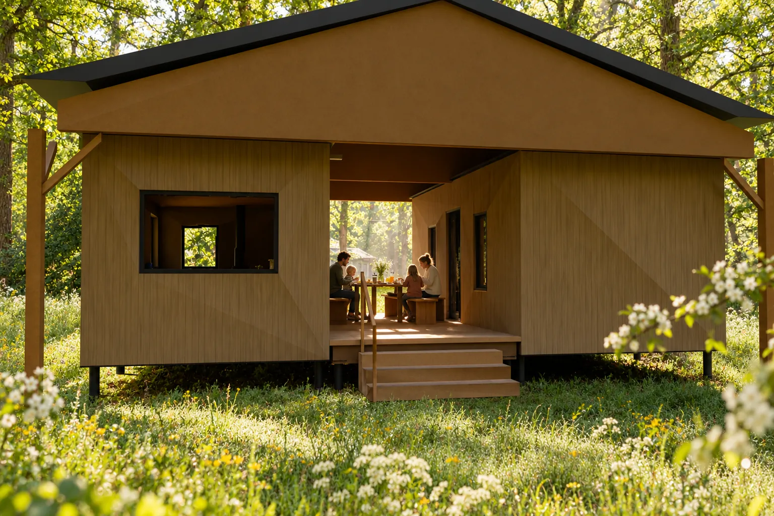Tweeling in de lente, met gasten buiten bij de hut (conceptbeeld)