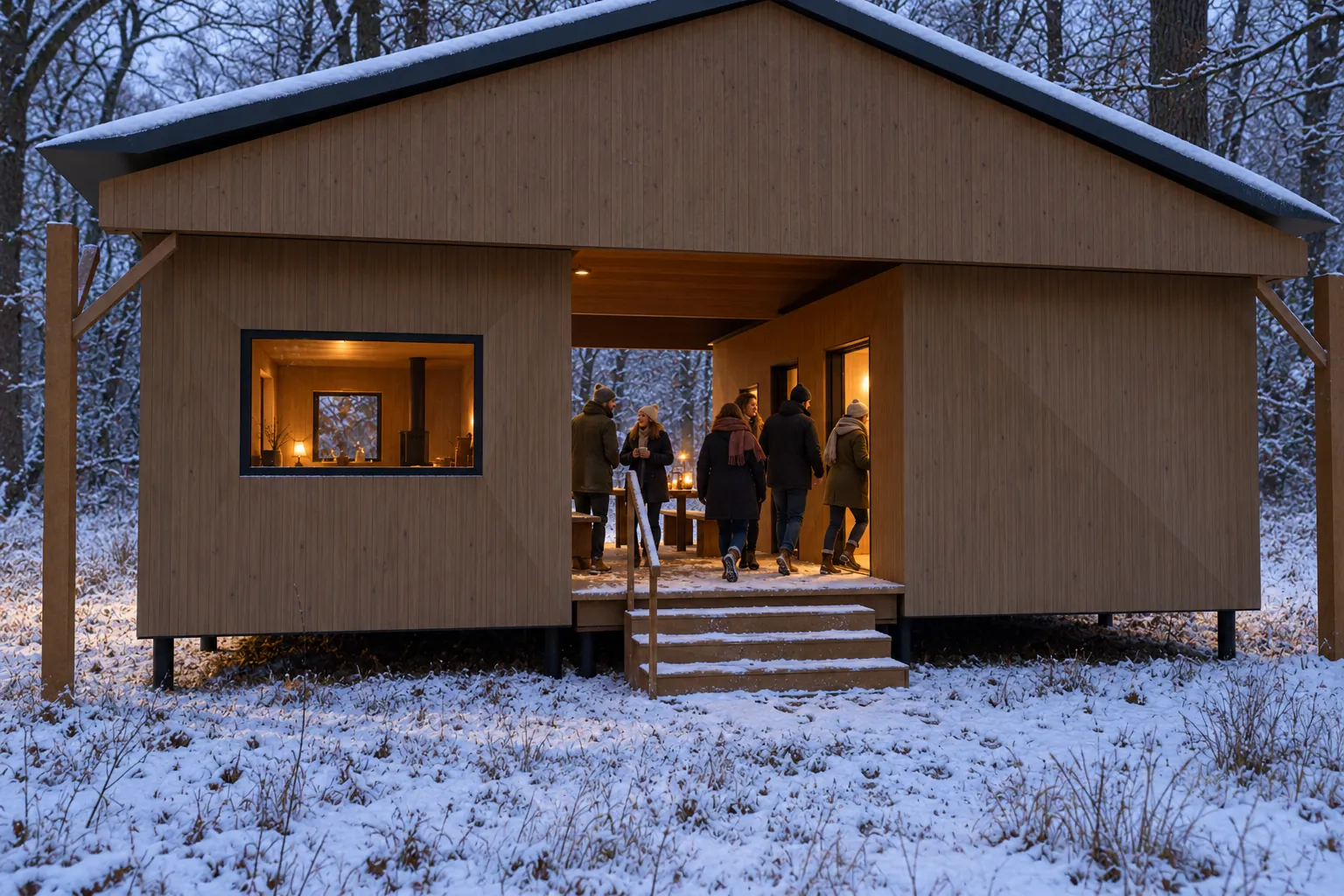 Tweeling in de winter, met gasten buiten bij de hut (conceptbeeld)