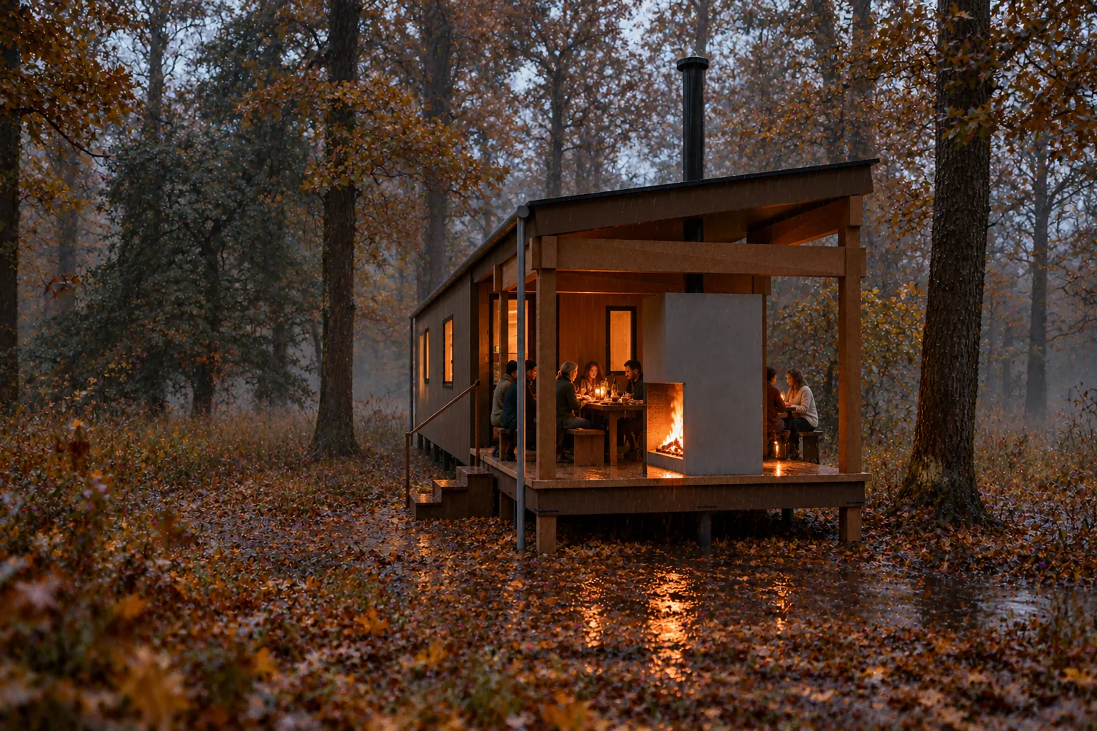Tafel in de herfst, met gasten buiten bij de hut (conceptbeeld)