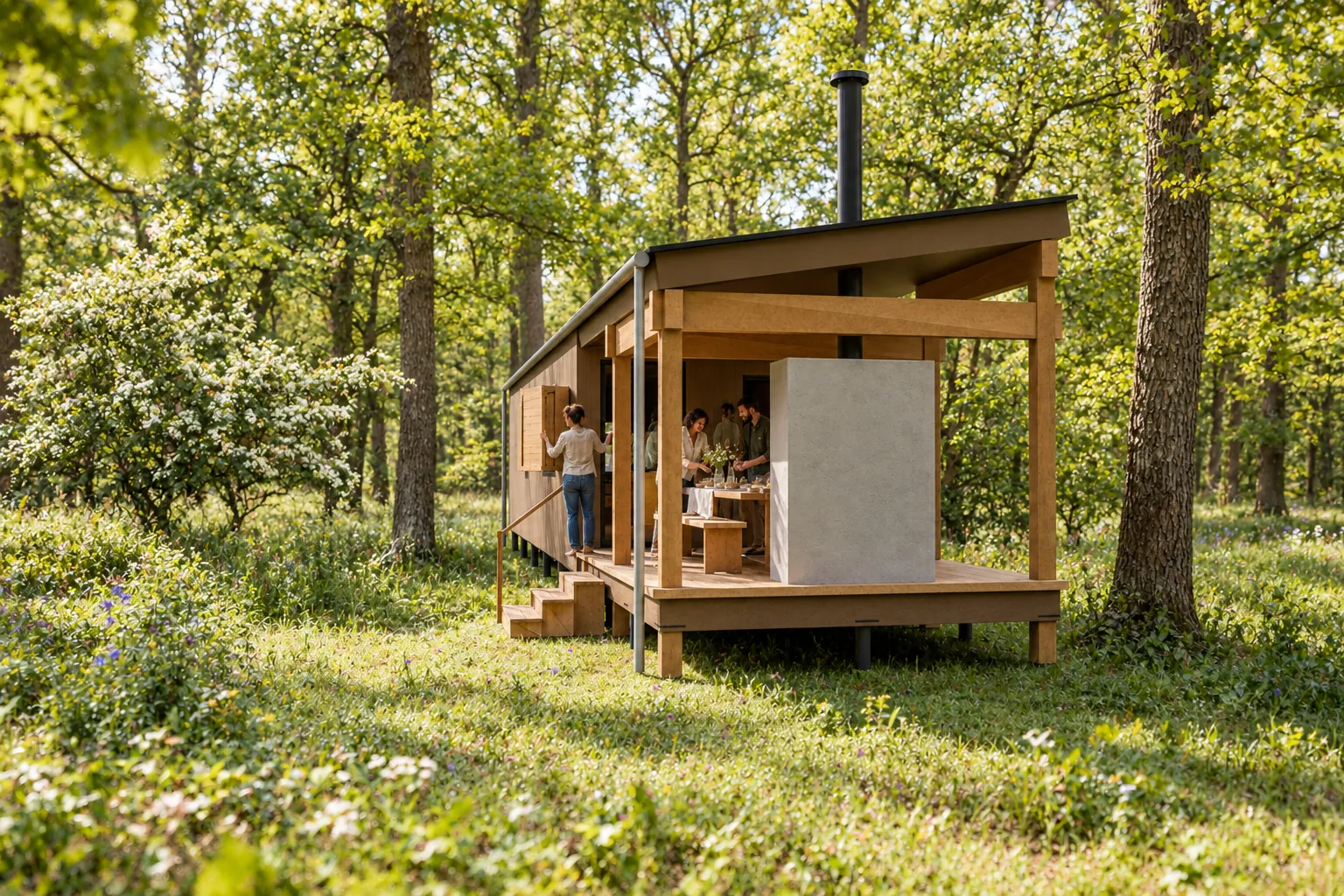 Tafel in de lente, met gasten buiten bij de hut (conceptbeeld)