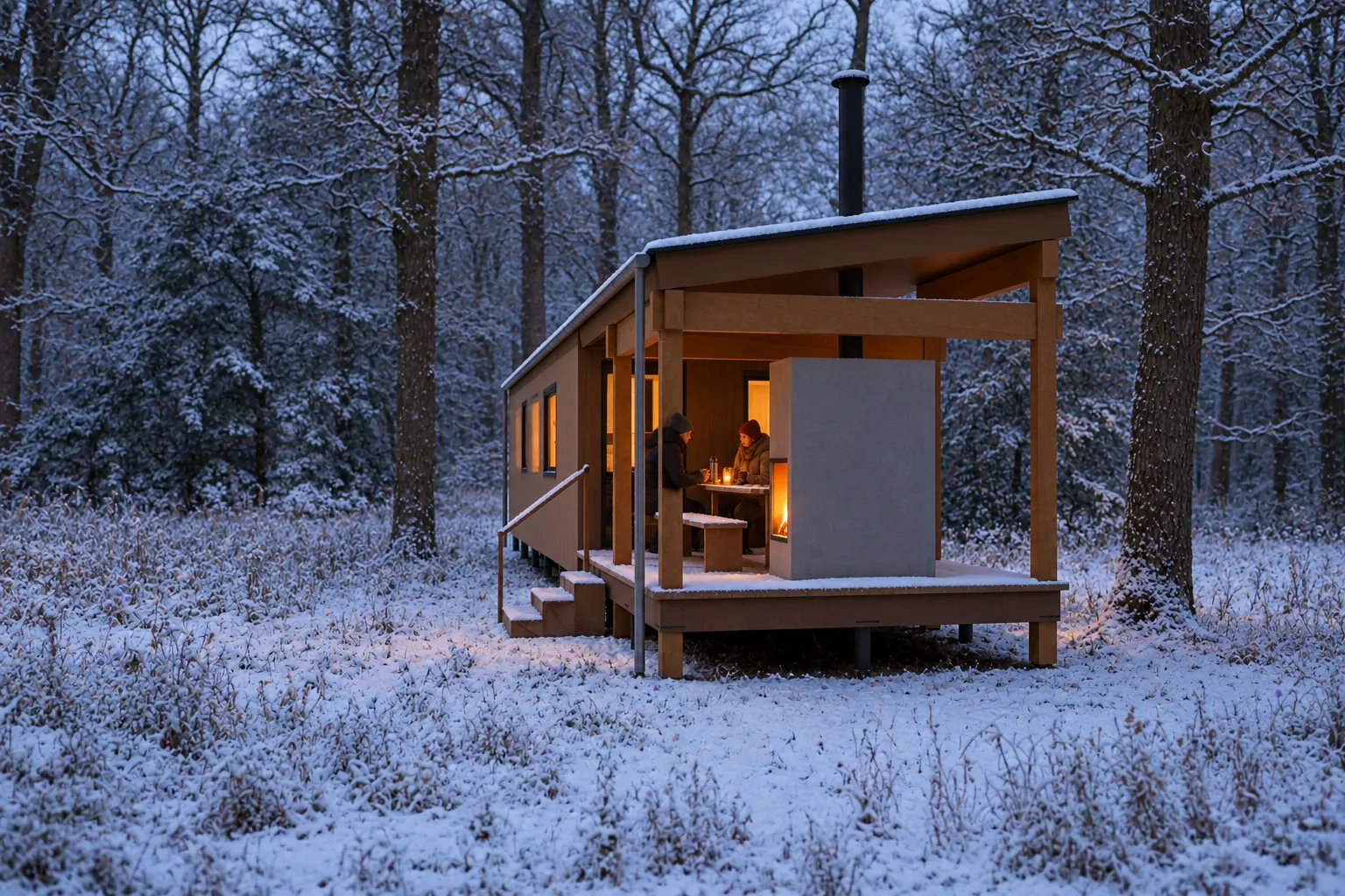 Tafel in de winter, met gasten buiten bij de hut (conceptbeeld)