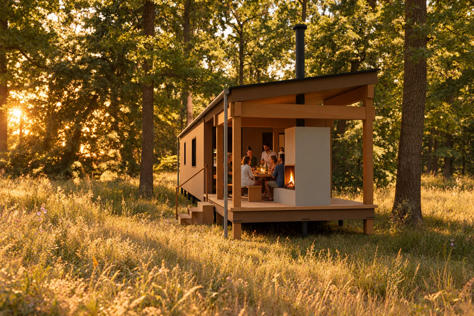 Tafel in de zomer, met gasten buiten bij de hut (conceptbeeld)