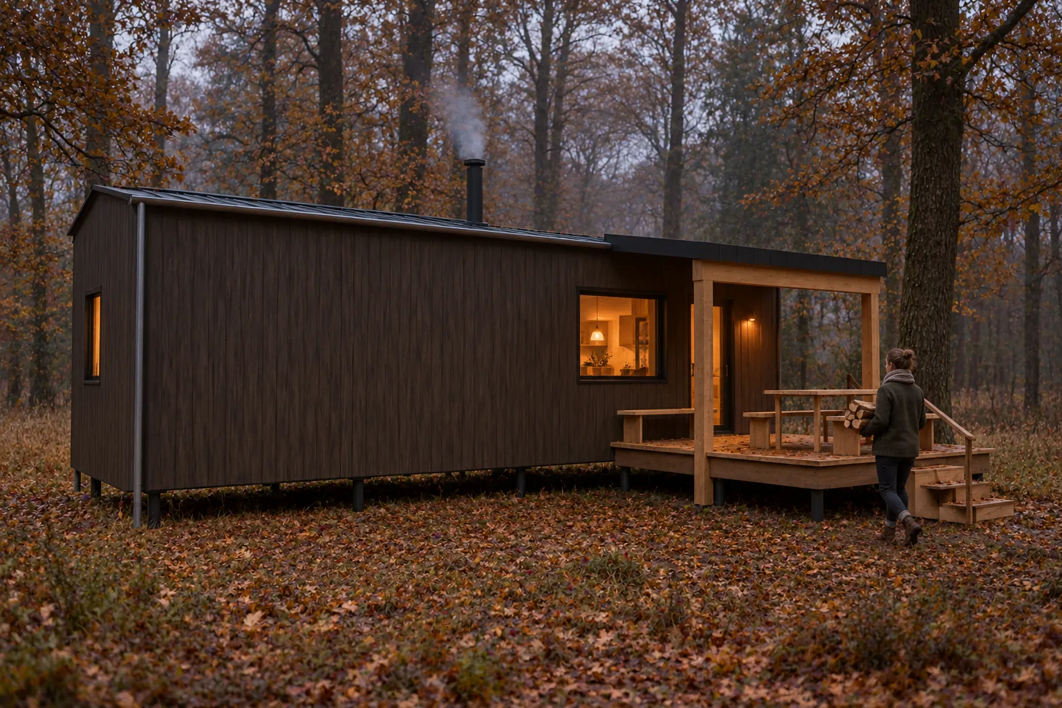 Haard in de herfst, met gasten buiten bij de hut (conceptbeeld)