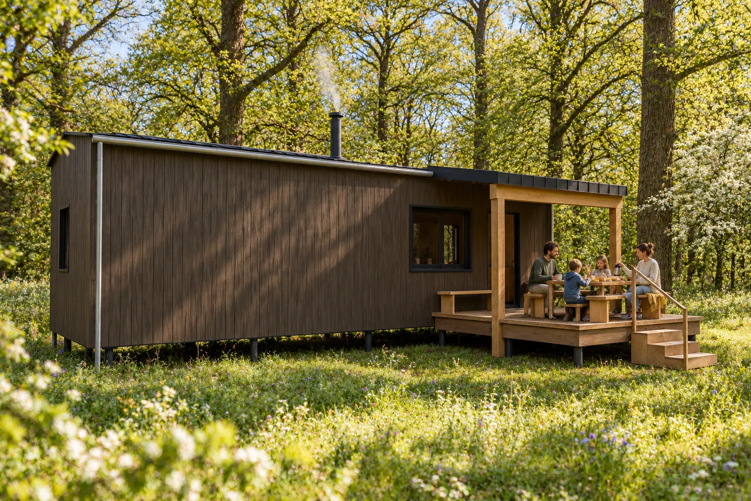 Haard in de lente, met gasten buiten bij de hut (conceptbeeld)