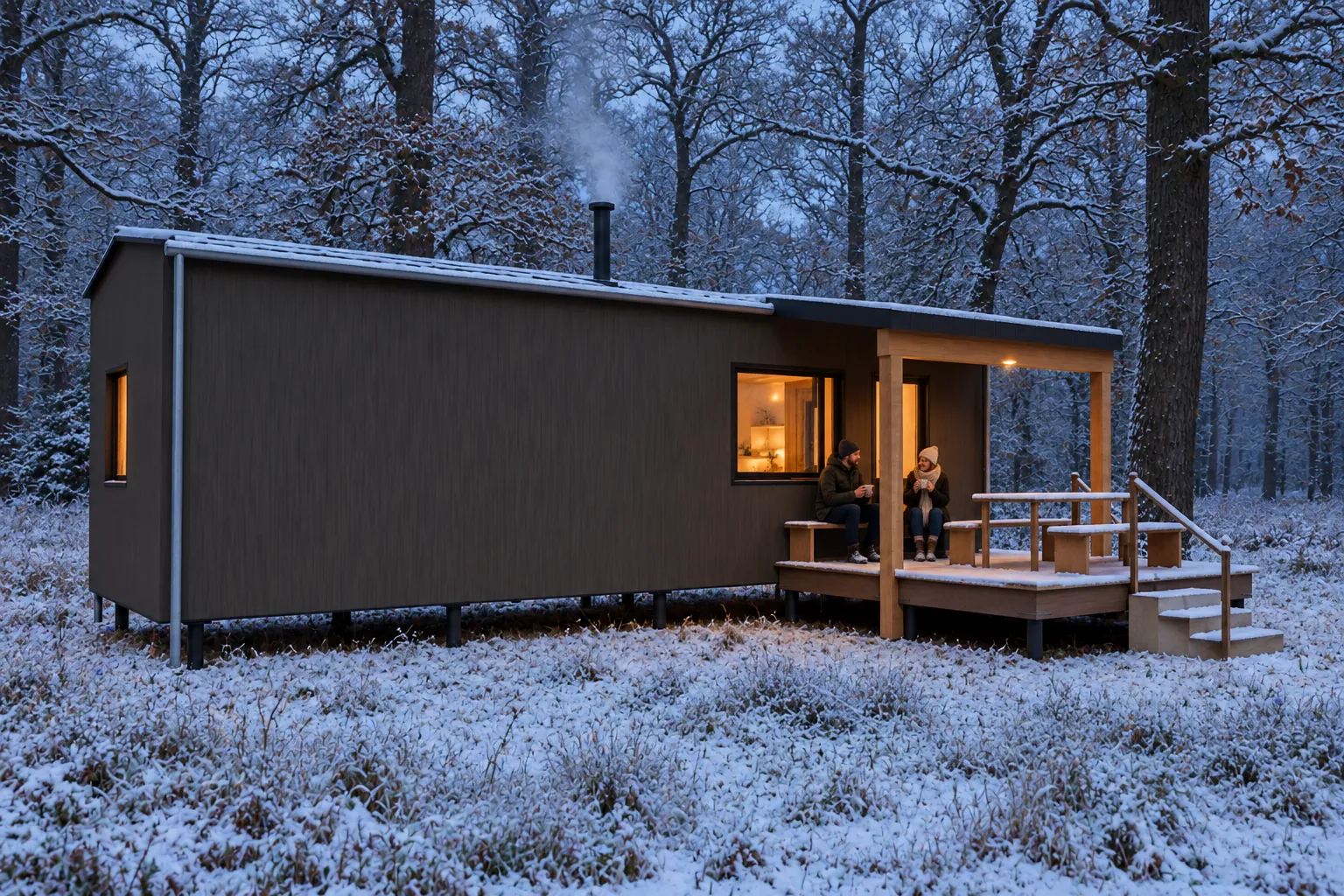 Haard in de winter, met gasten buiten bij de hut (conceptbeeld)