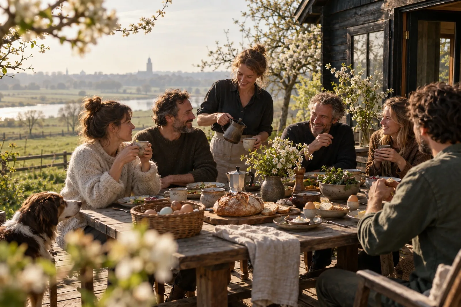 Vrienden aan het ontbijt op een veranda tussen de appelbloesem