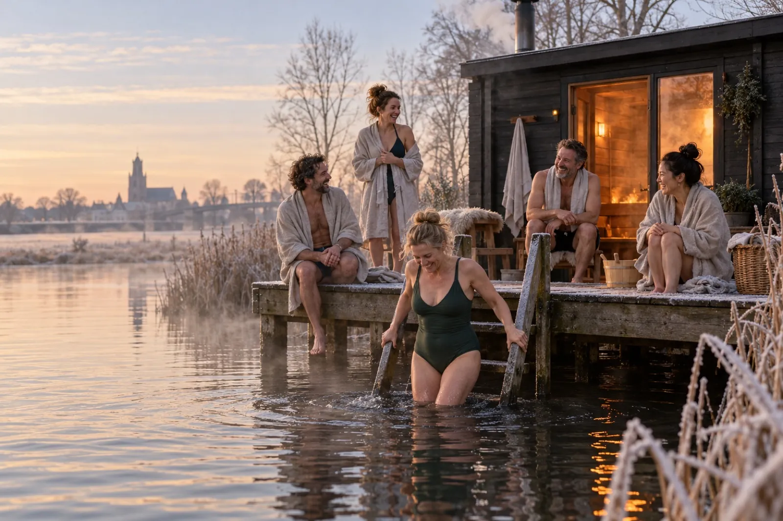 Vrienden bij een houtgestookte sauna op een steiger, op een ijzige ochtend