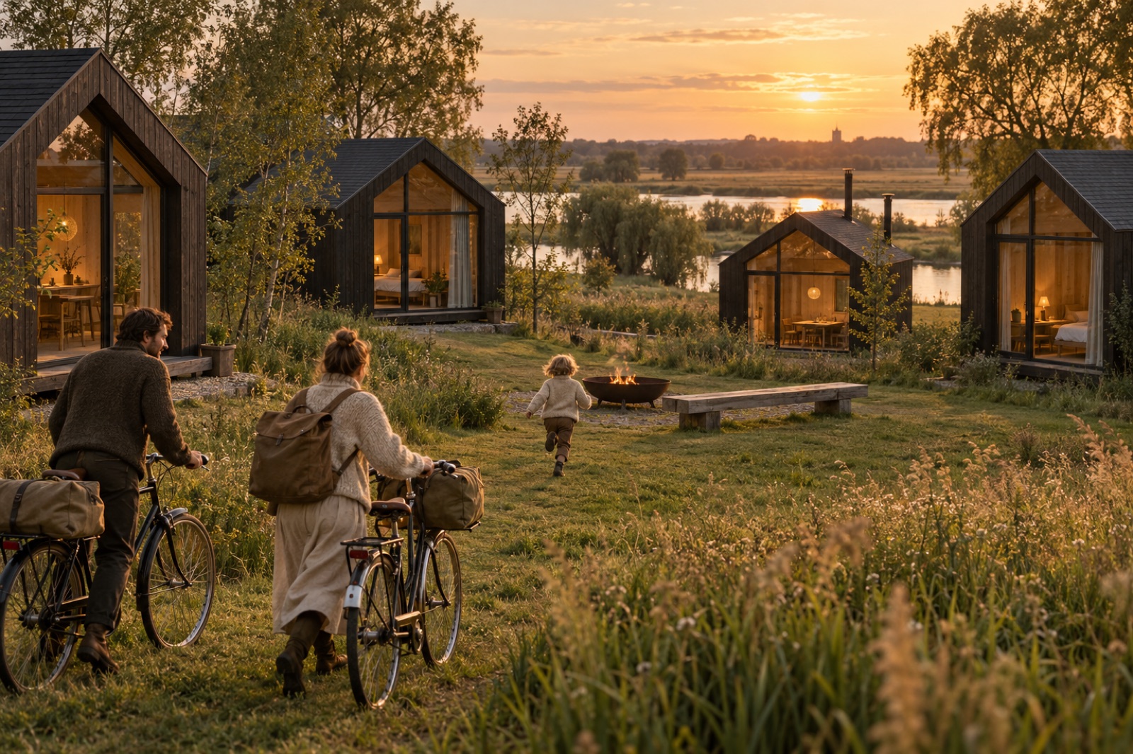 Dark timber cabins round a shared yard and fire bowl at low sun, a family wheeling bikes in, a child running ahead