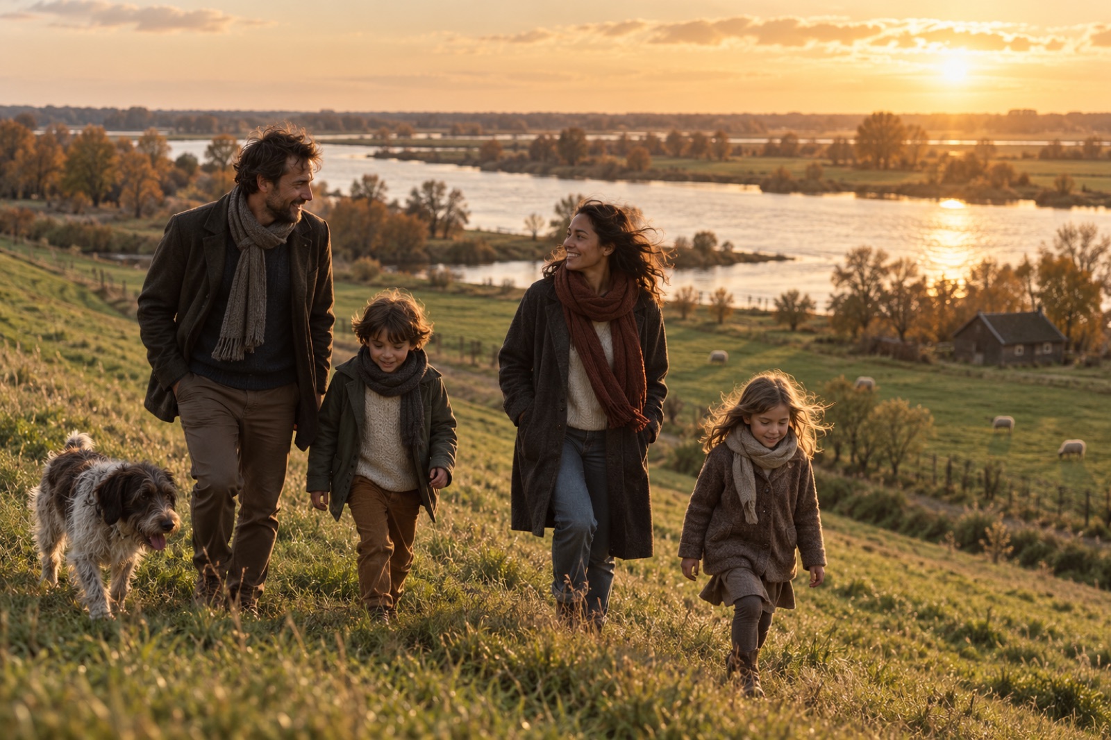 A family and their dog walking up an IJssel dike at autumn sunset, ungraded