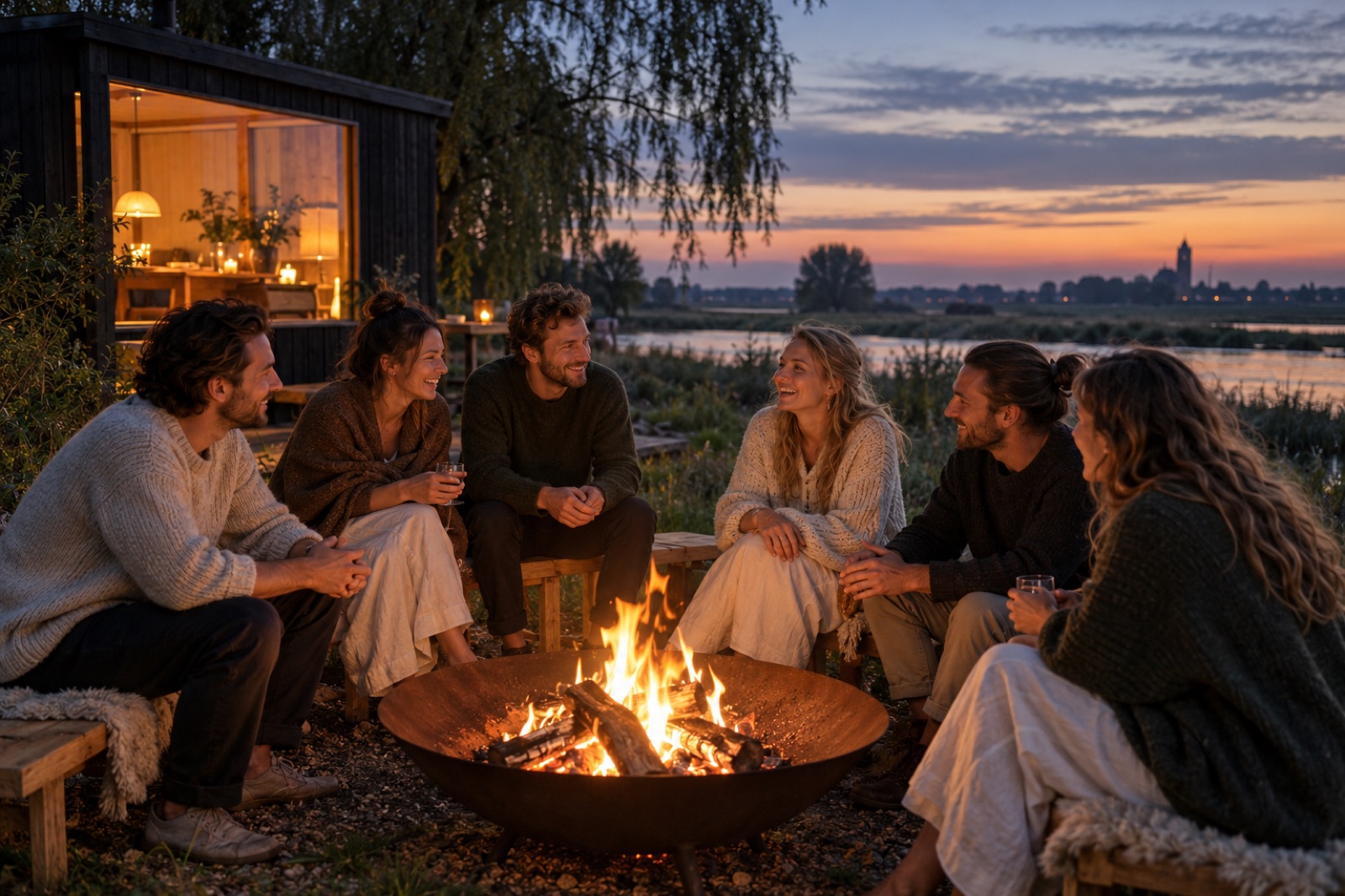 Friends around a fire bowl on the IJssel floodplain at blue hour, a lit cabin behind them