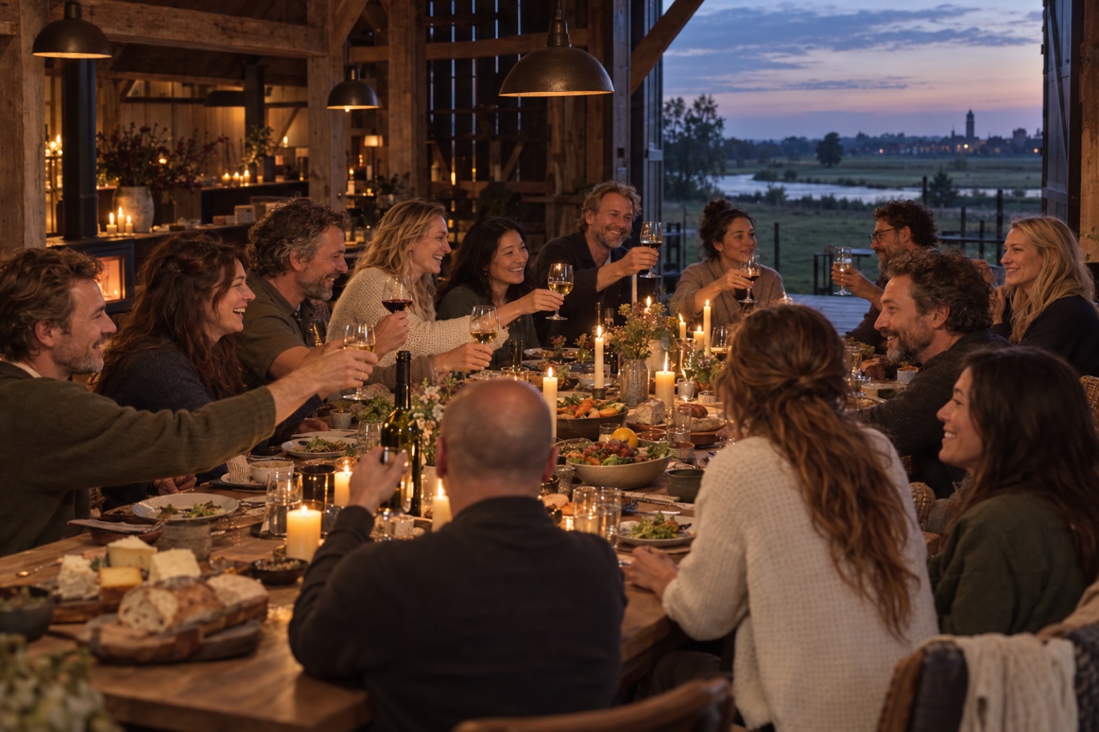 A group raising glasses along one long oak table in a timber longhouse, candles lit, the river outside at dusk