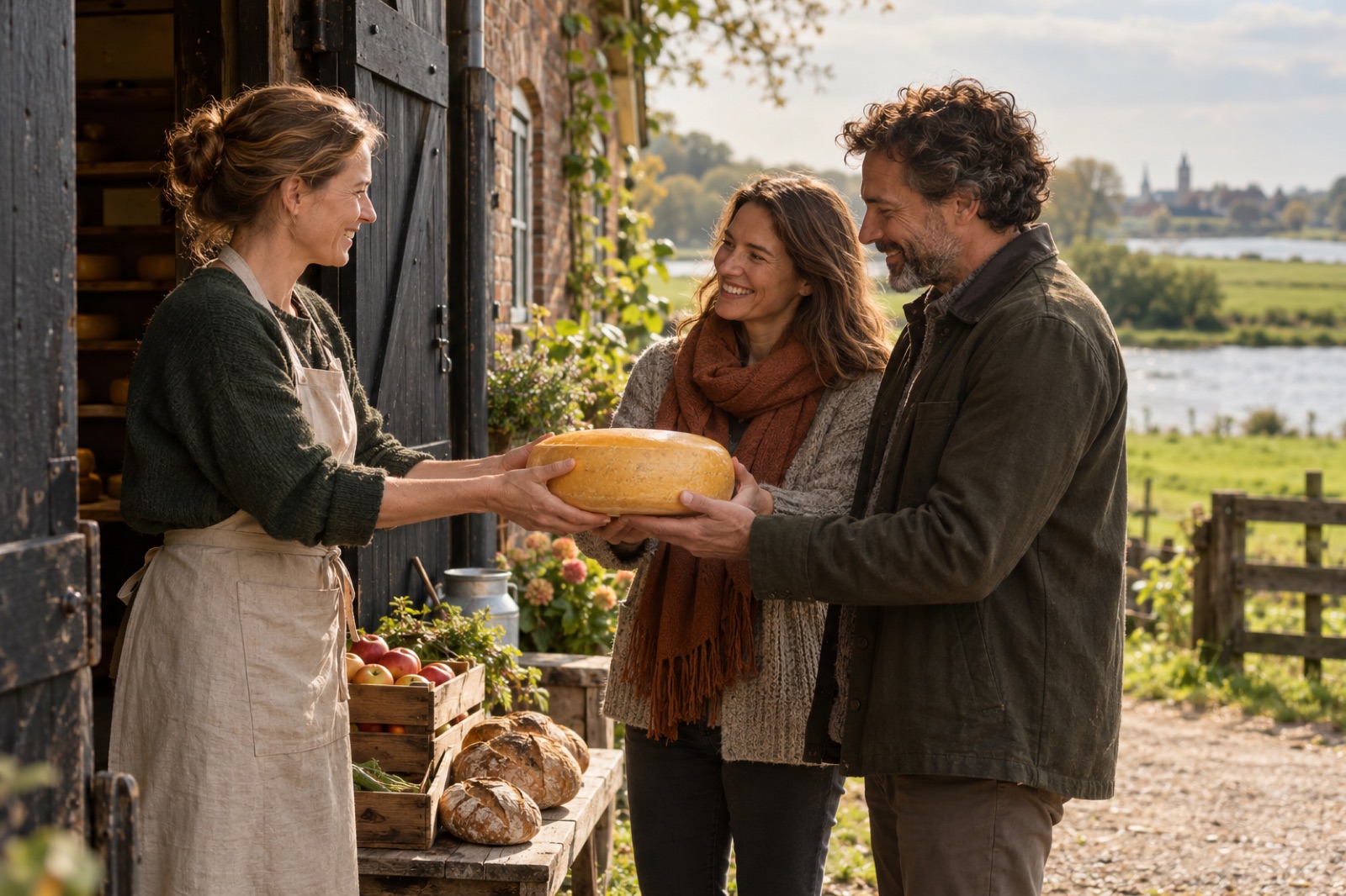 A cheesemaker hands a wheel of farmhouse cheese to two guests at her farm door, bread and apples in crates