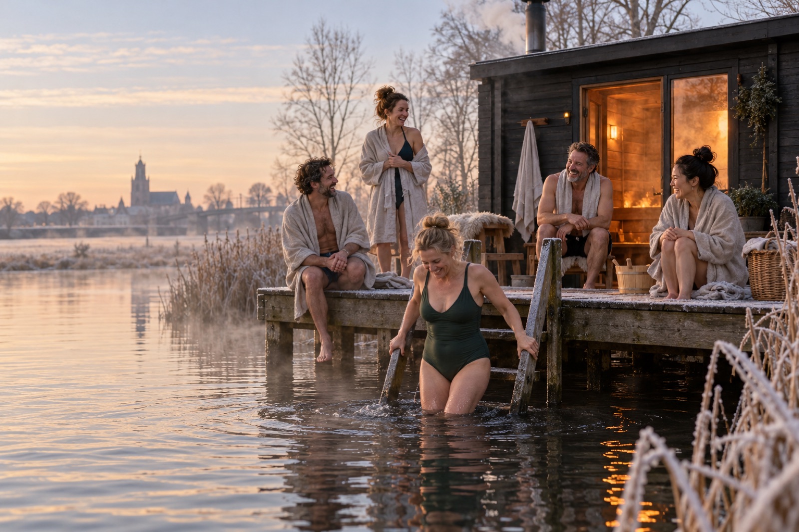 Friends at a wood-fired sauna on a jetty on a frosty morning, one climbing down the ladder into the river