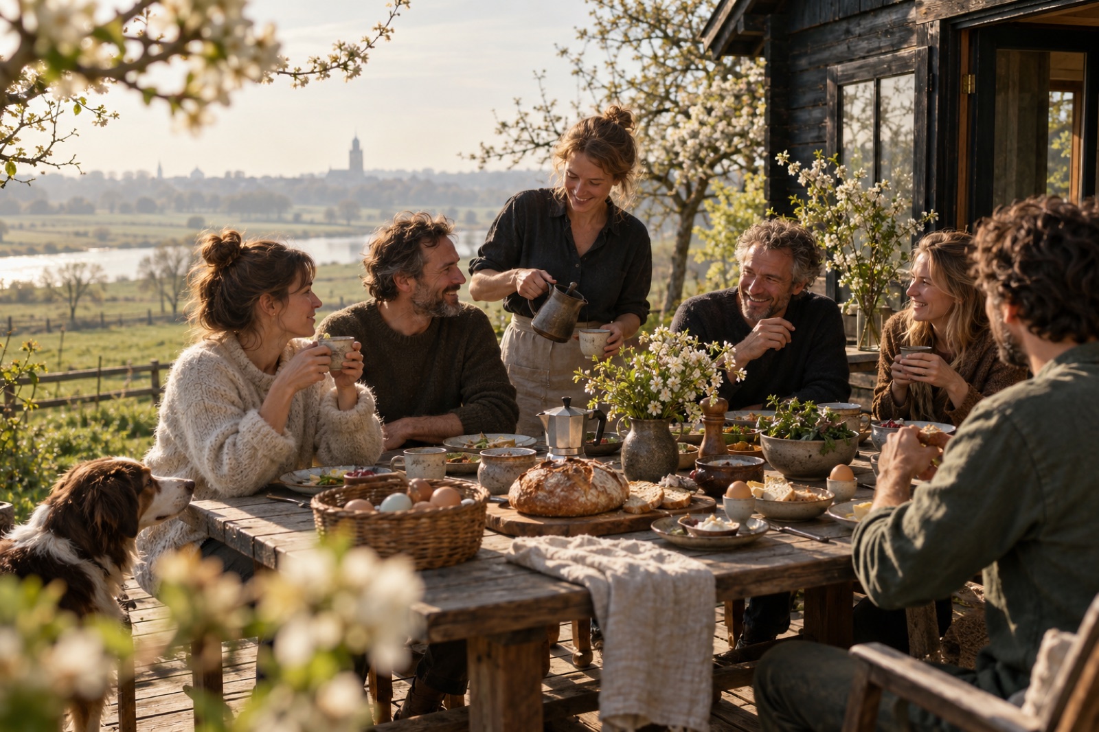 Friends at breakfast on a cabin deck among apple blossom, the river below