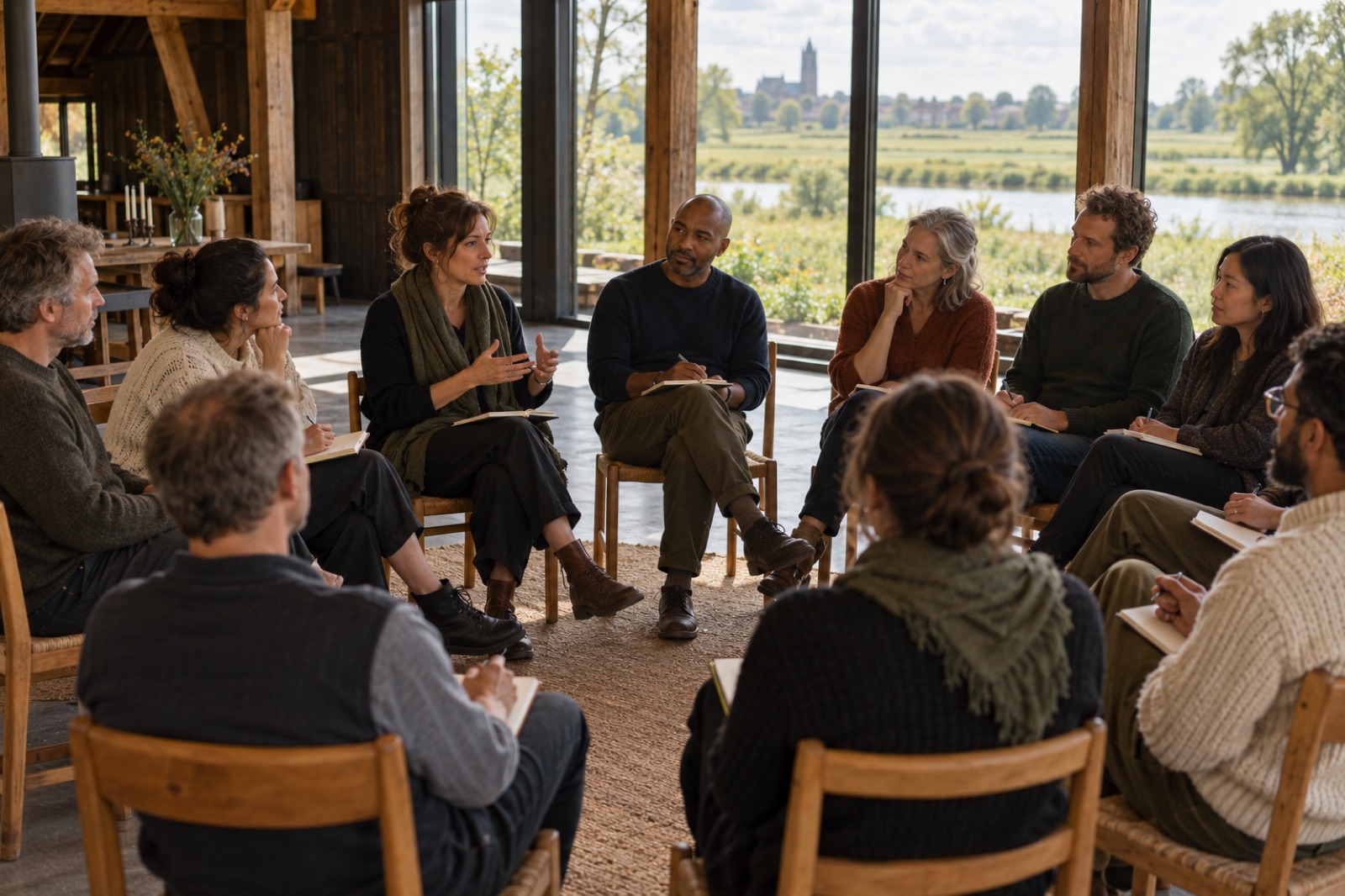 A team talking in a circle of chairs inside a timber longhouse, the river beyond the glass