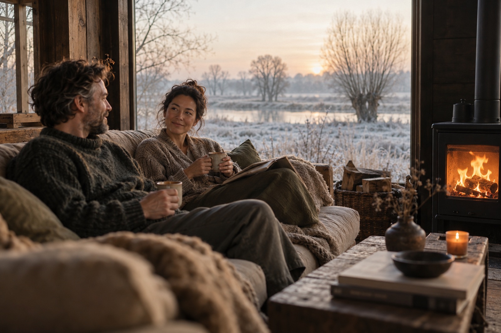 Two friends with mugs by a lit wood stove, the floodplain frosted white outside